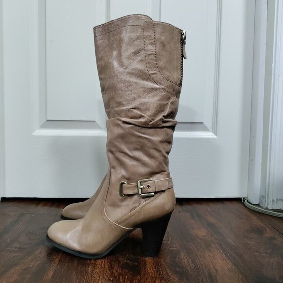 Guess MALLAY Tan Leather Side Zipper Mid-Calf Chunky High Heeled Boots Size 9M - Picture 3 of 16